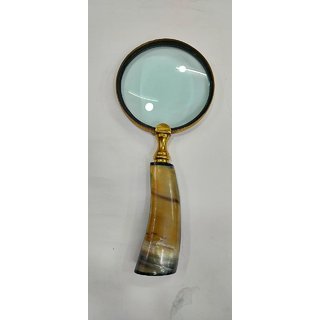                       Gola International Antique 4inch Brass Ring Handheld Detachable Magnifier with Horn Handle Natural Color                                              