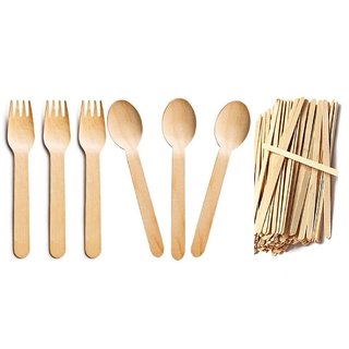 JARANI Disposable Wooden Party Combo (Spoon 14cm (Pack of 50) ,Fork 14cm(Pack of 50) and Sticks 10cm(Pack of 50)