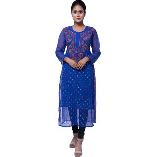                       Womens Lucknowi Chikankari Kurti With Fascinating Multi Color Blend Embroid                                              