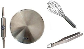 SHIRAZ STAINLESS STEEL COMBO of 4 Pcs(CHAKLA+ BELAN+CHIMTA  WHISKER)