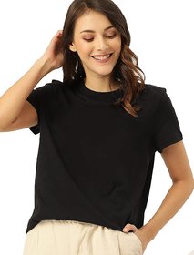 Tigon Women's Solid Round Neck Black Cotton T-Shirt