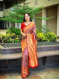 Korvai Kanjivaran Silk sarre is Merged With Gold Zari Woven In Artistic Jaal Design in Purpal Color with Red Zari Border