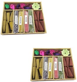 Adhvik Wooden Box Gift Pack of 2 (150 Gram) Multi-Fragrance Scented Incense Dhoop Sticks and Dhoop Cones