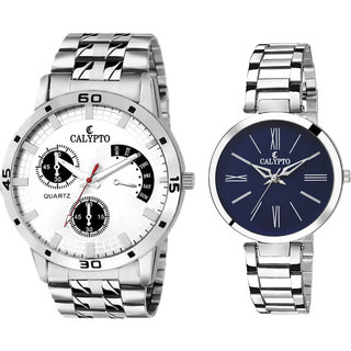 CALYPTO Formal Wear White and Blue Dial Stainless Steel Chain Analog Wrist...
