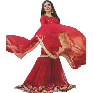                       Chitra fashion studio Beautiful Red kurti And White Palazoo Suite.                                              
