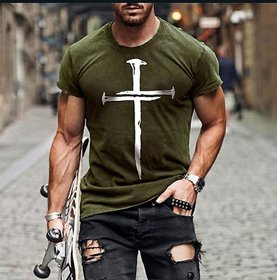 Stylogue Olive Printed Half Sleeves Round Neck T-Shirt For Men