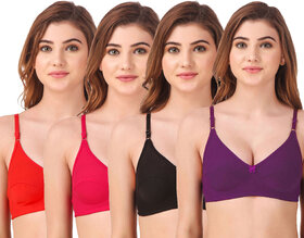 Fasense Women's Cotton Solid Color Wire Free Non Padded Bra (Pack of 4)