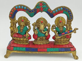 Arihant Craft  Hindu God Lakshmi Ganesha Saraswati Idol Statue Stone Hand Work Showpiece  17 cm (Brass, Multicolour)