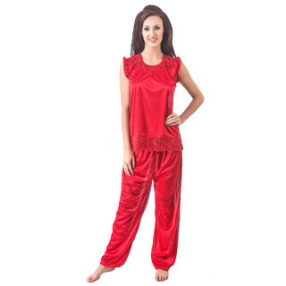                       Fasense Women Satin Nightwear Night Suits Top and Pyjama Set, SR008 A                                              