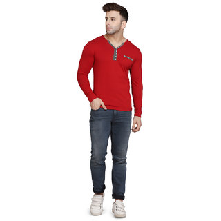                       Wear Forward Men's Red Cotton Solid V-Neck Full Sleeve T-shirt                                              