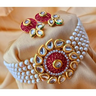                       Red Meenakari Kundan Pearl Bandhai Choker Jewellery set                                              