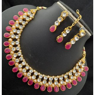                       Raani Pink Kundan Pearl CZ 4pc Full Jewellery Set                                              