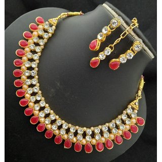 Red White Kundan Pearl CZ 4pc Full Jewellery Set Red White Kundan Pearl CZ 4pc Full Jewellery Set
