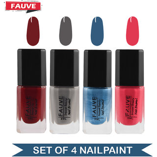 Fauve - FN15 Nail Paint - Violet Red Matte, Rosy Pink Matte, Ice Blue Matte, Silver Matte (Set of 4) - 8 ml Each