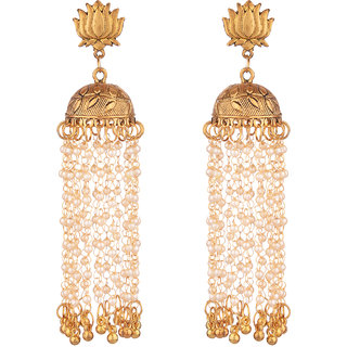                       Prizetaa Golden And White Pearl Lotus With Long strand Traditional Dangler Earrings                                              