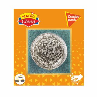 Magic Cleen Combo Pack - Steel Scrubber + Nylon Green Pad (Pack of 5 Pcs)