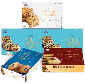 Premium Handmade Combo- Multi Grain, Butter Jeera, Special Namkeen, Multi Grain, Cut Nut Cookies (Pack of 5)