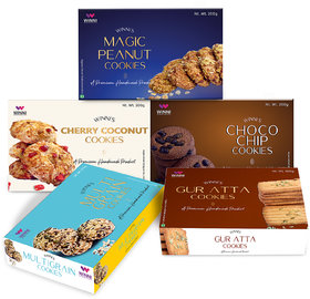 Premium Handmade Combo- Choco Chip, Magic Peanut, Cherry coconut ,Gur Aata, Multi Grain Cookies (Pack of 5)