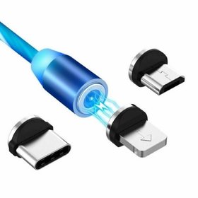 HBNS LED Flowing Magnetic 3in1 Charging Cable Micro USB/Type-C/8Pin 3in1 for All Smartphone (Blue)