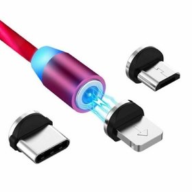 HBNS LED Flowing Magnetic 3in1 Charging Cable Micro USB/Type-C/8Pin 3in1 for All Smartphone (Red)