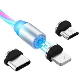 HBNS LED Flowing Magnetic 3in1 Charging Cable Micro USB/Type-C/8Pin 3in1 for All Smartphone (Silver)