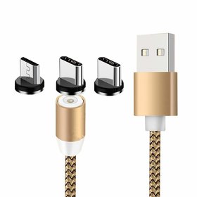 HBNS 3in1 Magnetic Charging Cable Micro USB, Type-C, 8Pin with LED Indicator for All Smartphone (Gold)