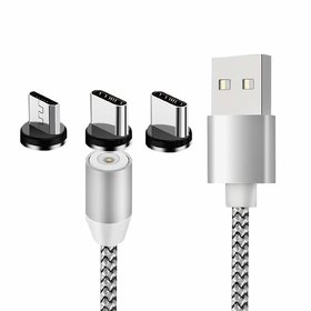 HBNS 3in1 Magnetic Charging Cable Micro USB, Type-C, 8Pin with LED Indicator for All Smartphone (Silver)