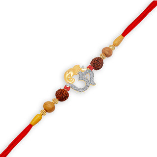                       Vighnaharta Om Ganesha Gold and Rhodium Plated CZ Rakhi - [VFJ1004RKG]                                              