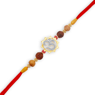                       Vighnaharta Lord Surya Om Gold and Rhodium Plated CZ Rakhi - [VFJ1007RKG]                                              
