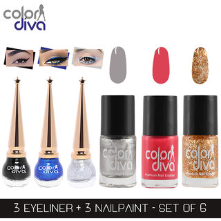 Color Diva (CD-BSI-NPELCMB06-1073) Maybe Multicolor Nail Paint and BSI Eyeliner Combo (Pack of 6)