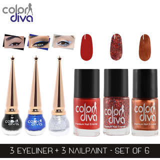 Color Diva (CD-BSI-NPELCMB06-1130) Maybe Multicolor Nail Paint and BSI Eyeliner Combo (Pack of 6)