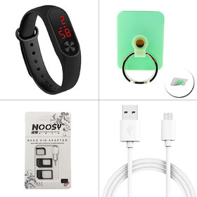 4 in1 Combo of USB Cable + LED Watch + Mobile Ring Holder + Sim Adapter Kit