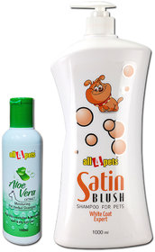 All4pets Pet Shampoo Combo Satin BlushWhite Coat Expert Shampoo-1000ml And Aloe Vera Moisturizing Shampoo-100ml