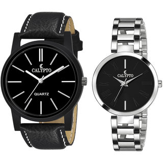 CALYPTO Black Dial Stainless Steel and Leather Strap Analog Wrist Couple Watch...