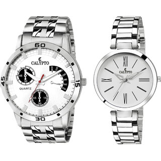 CALYPTO White Dial Stainless Steel Chain Analog Wrist Couple Watch for MenWomen Pack of 2