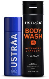 Ustraa Blue Deodorant 150ml and Body Wash Activated Charcoal 250g