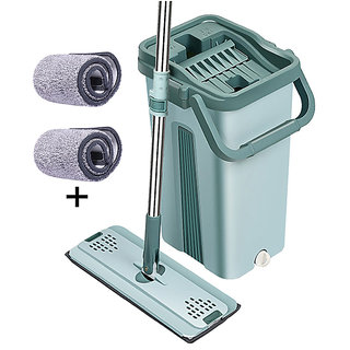                       JAAMSO ROYALS Green flat mop and bucket set with 2 Soft Refill Pads  Handle ( 32  11.5 CM Mop Head)                                              