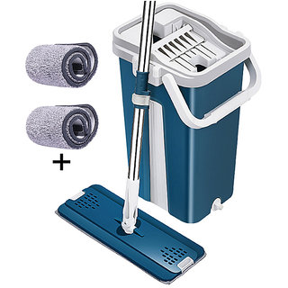                       JAAMSO ROYALS Blue flat mop and bucket set with 2 Soft Refill Pads  Handle ( 32  11.5 CM Mop Head)                                              