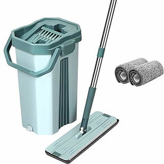                       JAAMSO ROYALS Green flat mop and bucket set with 2 Soft Refill Pads  Handle ( 38  13 CM Mop Head)                                              
