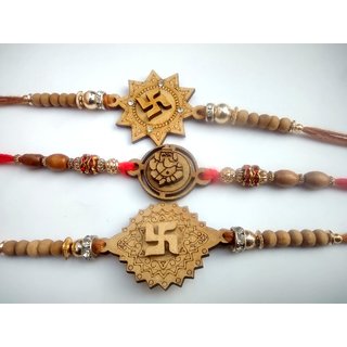                       Wooden Combo Rakhi. Wooden Lord Ganesha with Swastic Rakhi for Brother with Akshat  Roli Pack of 3 (CRM01)                                              