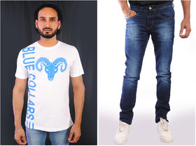 Blue Collars  ( PACK OF 2) Cotton Printed T-Shirt And Denim jeans for Men