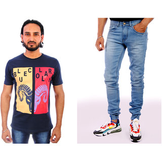                       Blue Collars  ( PACK OF 2) Cotton Printed T-Shirt And Denim JOGGER for Men                                              
