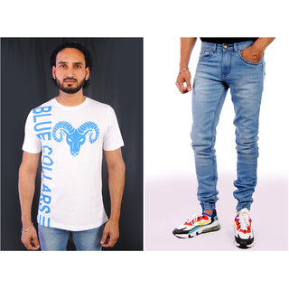 Blue Collars  ( PACK OF 2) Cotton Printed T-Shirt And Denim JOGGER for Men