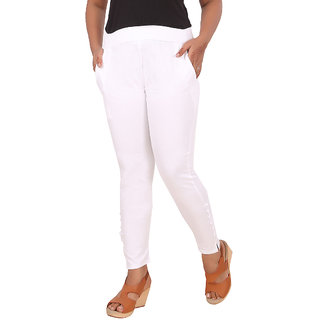                       Vivika Women Slub Lycra Slim Fit Solid Cigraette Pant,  White (Large)                                              
