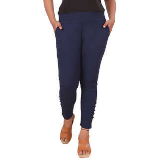                       Vivika Women Slub Lycra Slim Fit Solid Cigraette Pant,  Navy Blue (Large)                                              