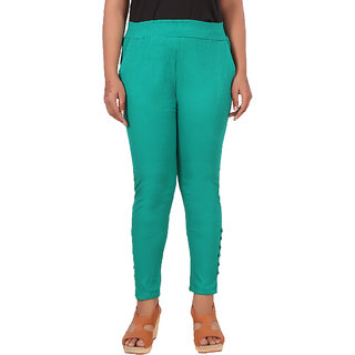                       Vivika Women Slub Lycra Slim Fit Solid Cigraette Pant,  Rama green (Large)                                              