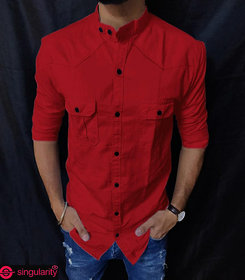 Singularity Clothing Double Pocket Mandarin Collar Shirt for Men in Red