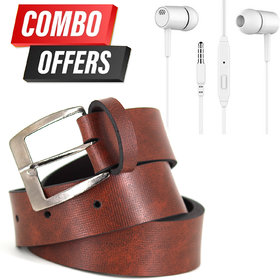 Brown Grain Pattern Leatherite Belt With Pin Hole Buckle For Men + Ear Phone Combo