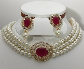 Mother of Pearl, Stone, Cotton Dori, Alloy Gold-plated Jewel Set  (White, Red)
