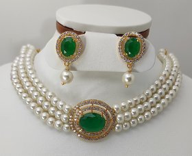 Mother of Pearl, Stone, Cotton Dori, Alloy Gold-plated Jewel Set  (White, Green)